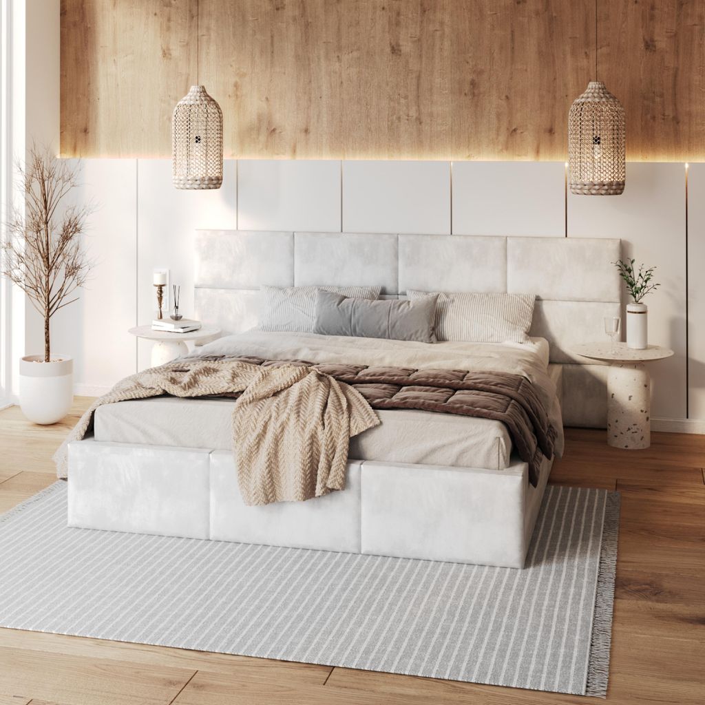 FDM Bett DORIS trinity 160x200 cm Polsterbett mit Lattenrost aus Metall Bettkasten Stauraumbett Samt weiß Wandpaneele