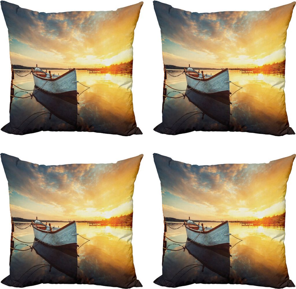 ABAKUHAUS Haus am See Kissenbezug Set (4 Stück), Sonnenuntergang am Hafen Boot, Moderner Doppelseitiger Digitaldruck, 50 cm x 50 cm, Blassgelb