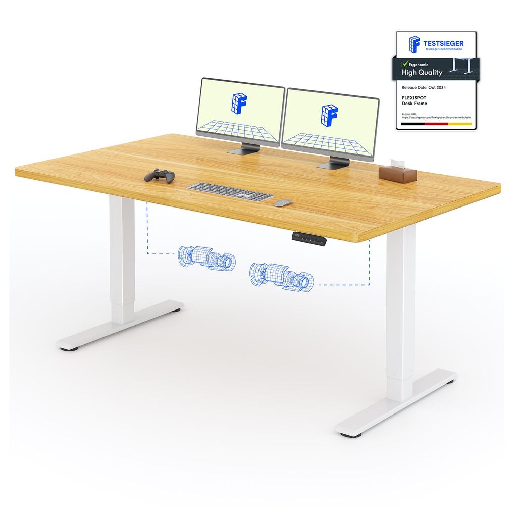 A modern, adjustable standing desk with dual monitors, a keyboard, and a game controller on top. The desk has white legs and a wooden surface. Diagrams show the desk's internal mechanics.