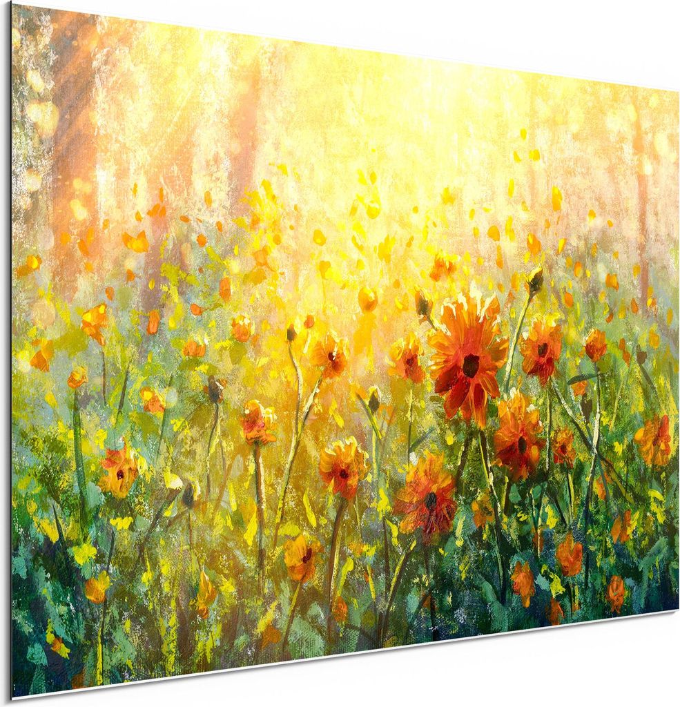DEQORI Alu-Dibond Bild Weiß 60x40 cm 'Blumenwiese im Monet-Stil' Wandbild Metall dünn
