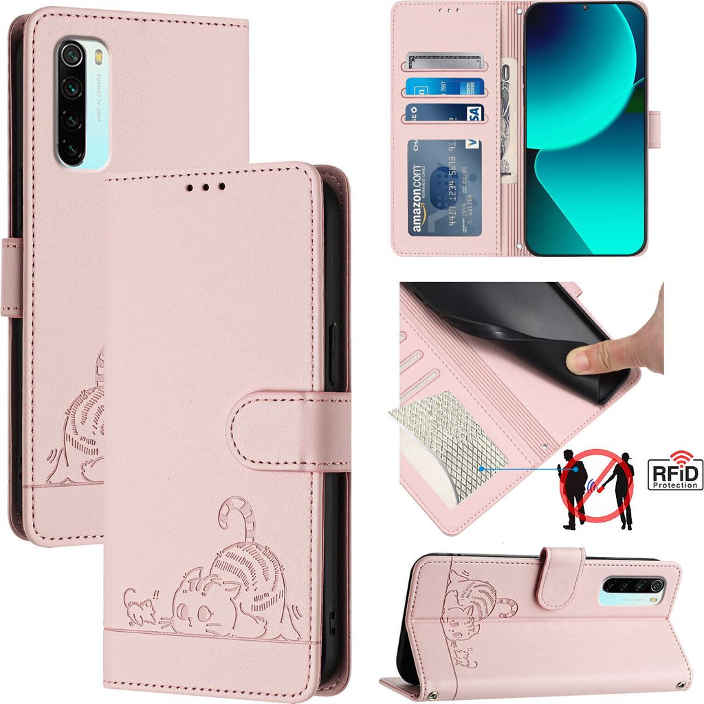 Leder Hülle für Xiaomi Redmi Note 8 Süße Katze Flip Case Brieftasche Schutzhülle mit Standfunktion Pink