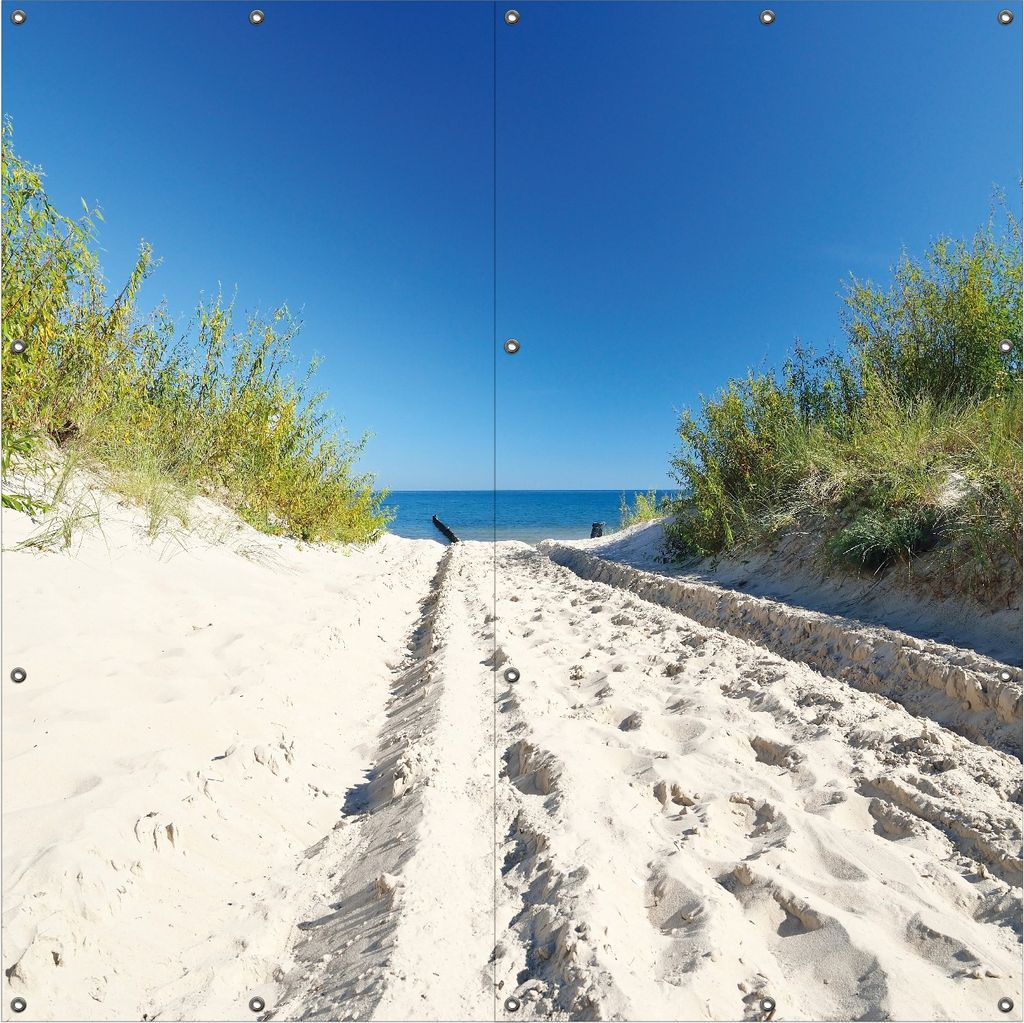 Wallario Outdoor-Poster für Garten oder Balkon, Motiv Auf dem Sandweg zum Strand - Blauer Himmel über dem Meer, in ca. 180 x 180 cm