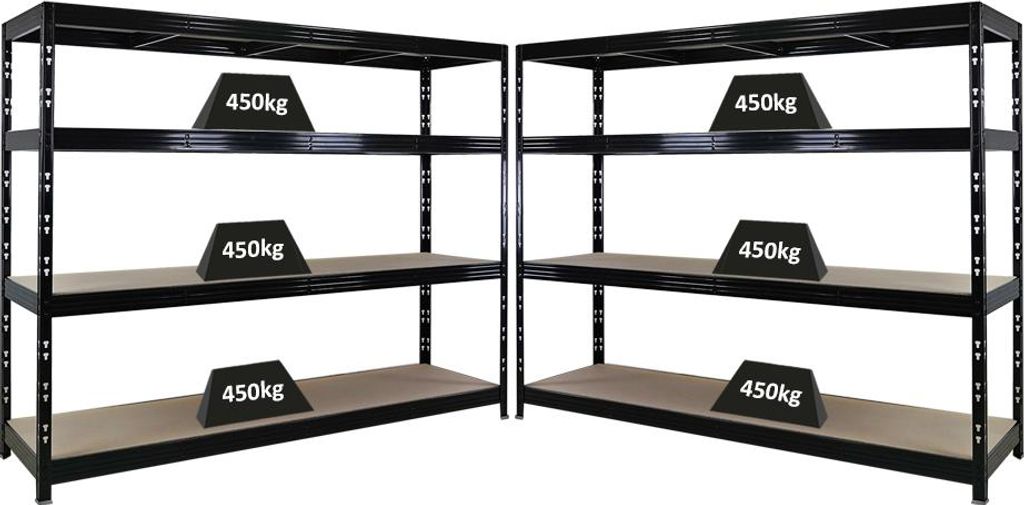 Mega Deal | 2x Profi Schwerlastregal Rhino | HxBxT 180x240x60cm | 4 Spanplatten-Ebenen 8mm | Fachlast 450kg | Schwarz