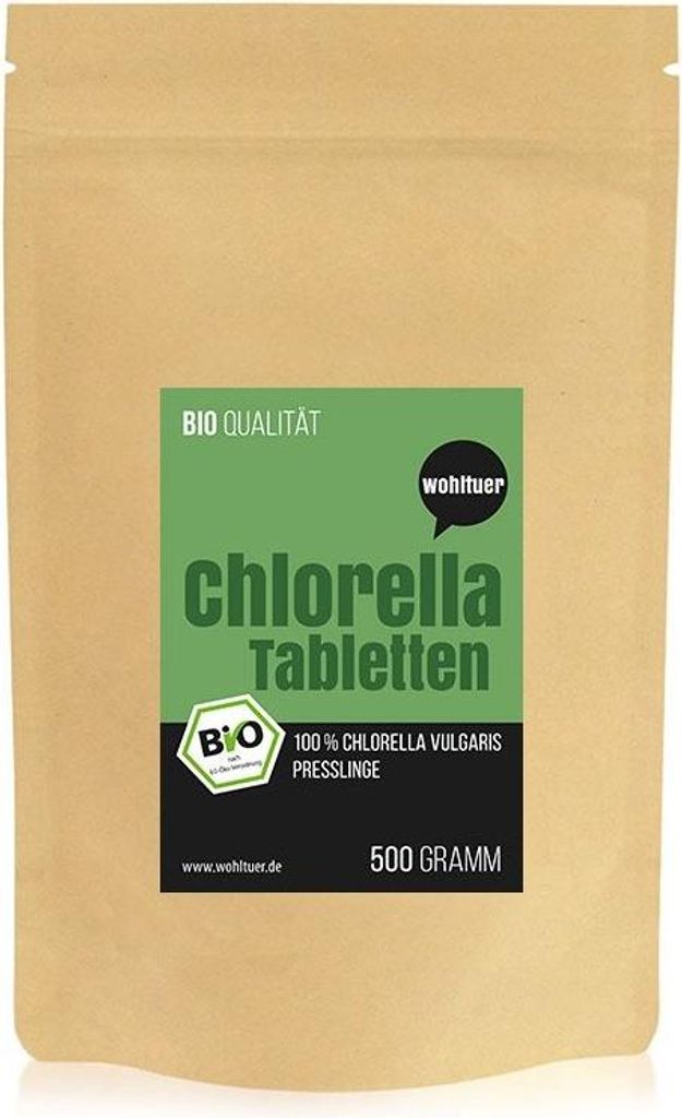 A brown paper pouch of Chlorella tablets with a green label.