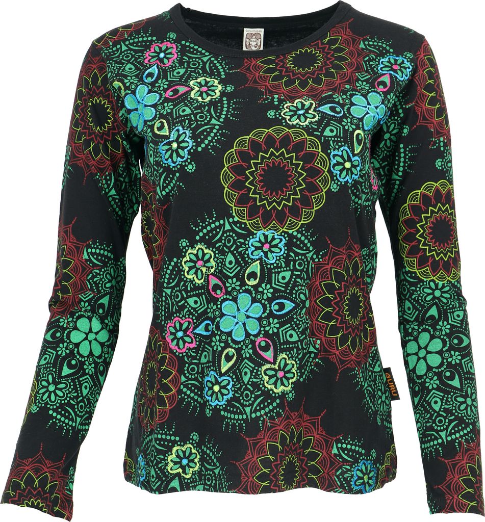 Besticktes Langarmshirt Hippie Chic Retro - Schwarz/grün, Damen, Baumwolle, Größe: M