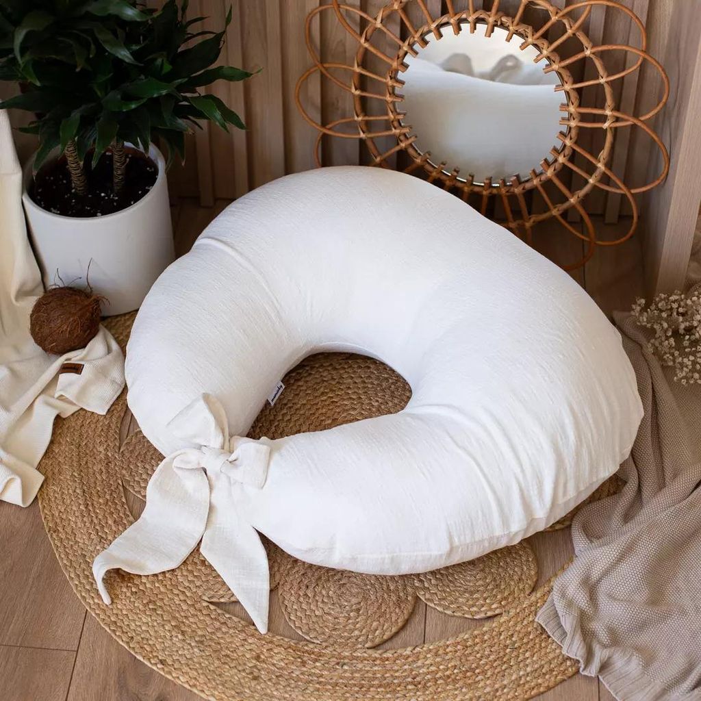 Muminky | Stillkissen - Rogalförmig - Creme a'la Leinen - Ergonomisch - Mit Bindeband