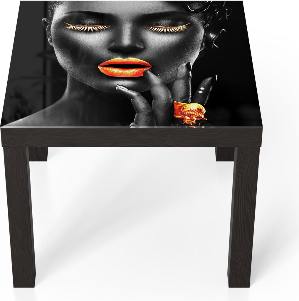 DEQORI Couchtisch 55x55 cm Schwarz 'Frau mit Gold Make-Up' Glas Beistelltisch