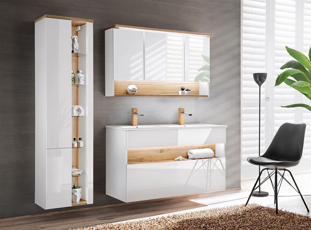 Badmöbel Set 3-tlg Badezimmerset VARESE Weiss inkl.Waschtisch 120 cm