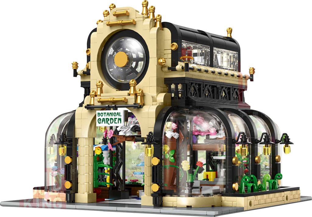 A Lego-style botanical garden building.