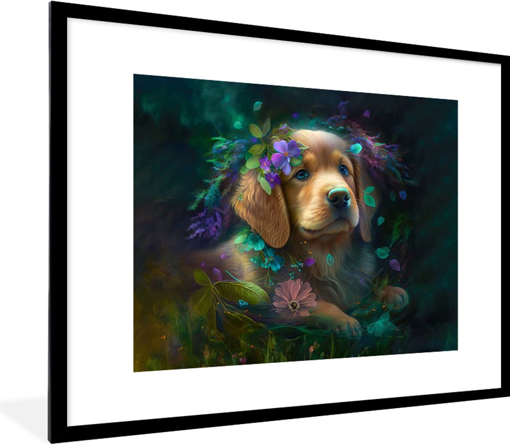 MuchoWow Gerahmtes Poster Hund - Welpe - Blumen - Natur - Golden Retriever 80x60 cm - Poster mit Schwarzem Bilderrahmen Wandposter Rahmen Foto Bi...