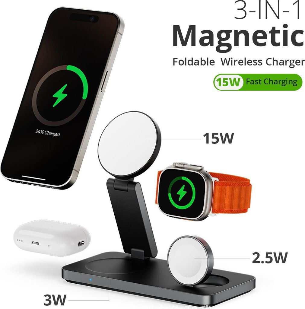 Kabelloses Ladeger?t mit , 3 in 1 Ladestation fš¹r Apple, Faltbares induktives kabelloses Ladeger?t fš¹r iPhone 16 15 14 13 12, Apple Watch, Ai...