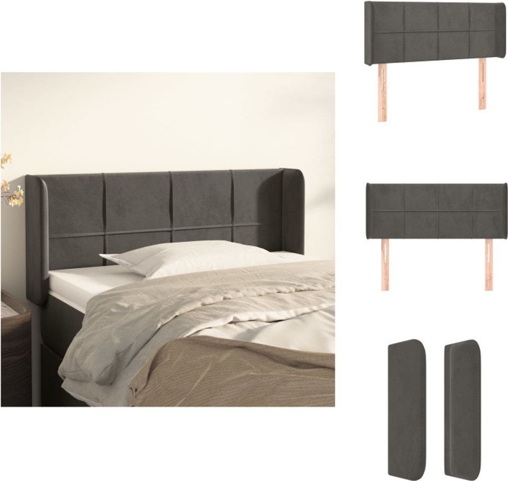 vidaXL Kopfteil mit Ohren Dunkelgrau 103x16x78/88 cm Samt - Kopf- & Fußenden