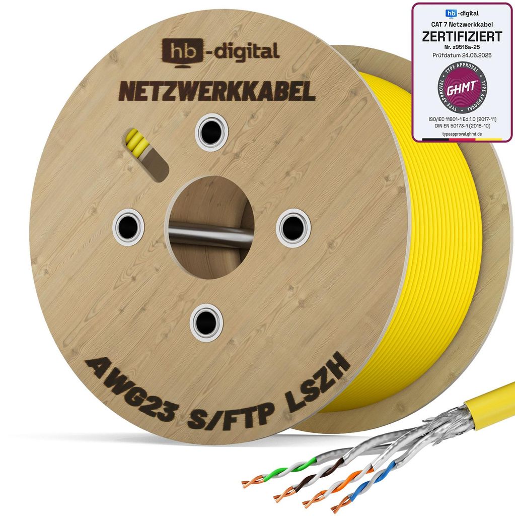 hb-digital CAT7 Verlegekabel Simplex Installationskabel 500m Datenkabel max. 1000 MHz S/FTP AWG23 LSZH gelb