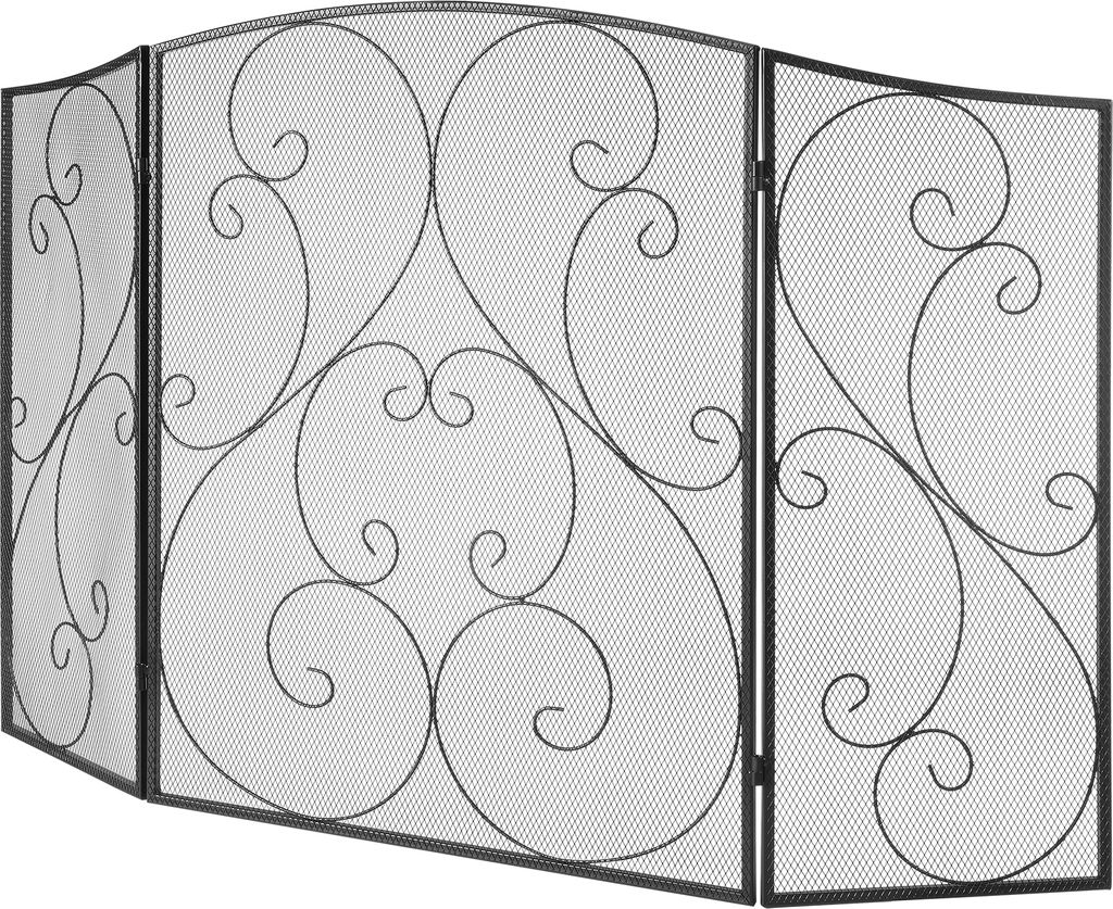 A black, three-panel fireplace screen with ornate scrollwork.