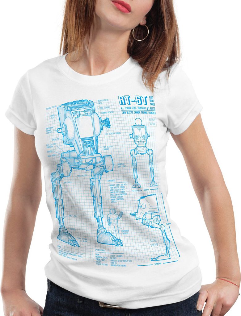 style3 AT-ST Damen T-Shirt blaupause walker, Farbe:Weiß, Größe:2XL