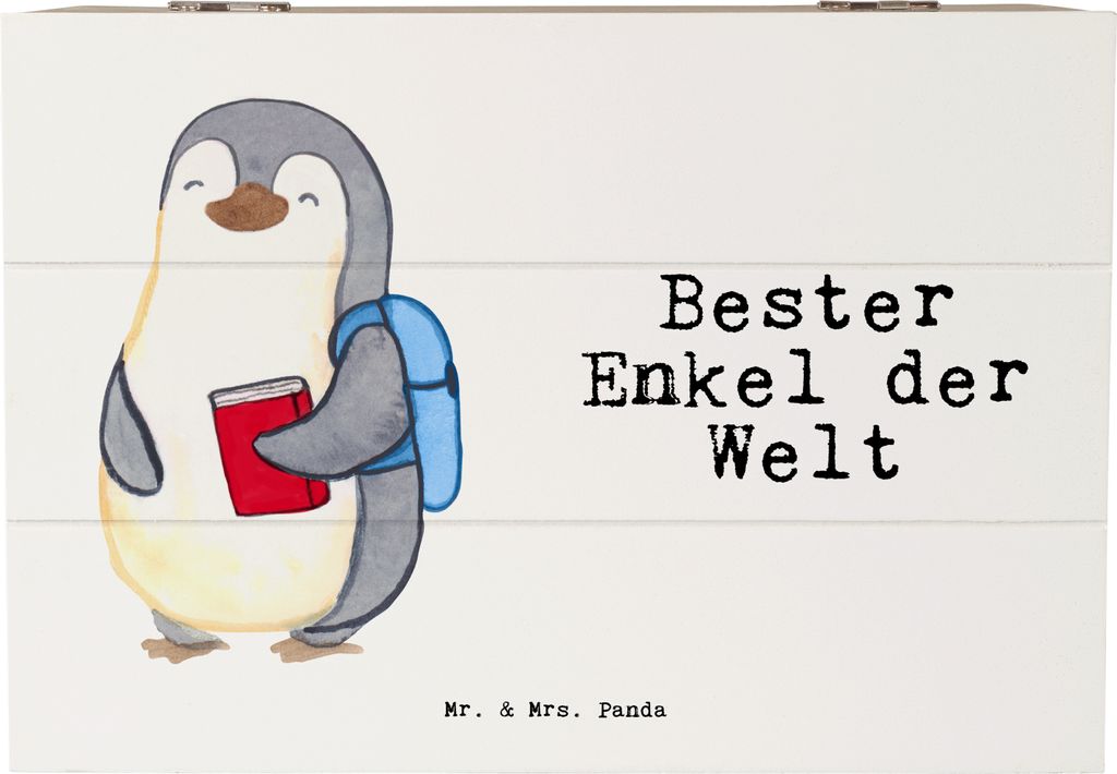 Mr. & Mrs. Panda Holzkiste Pinguin Bester Enkel der Welt 22 x 15 cm - Weiß - Geschenk, Aufbewahrungstruhe, Enkelkind, Geschenkidee, Kiste, Enkelso...