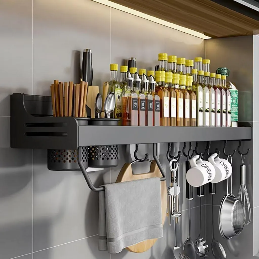 Portaspezie nero da 60 cm - Organizzatore da appendere alla parete della cucina