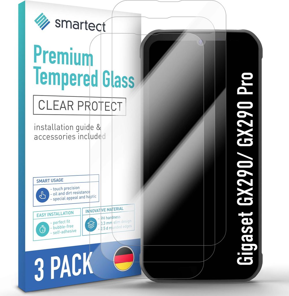 A product package for screen protectors for a Gigaset phone, with screen protectors shown on a phone.