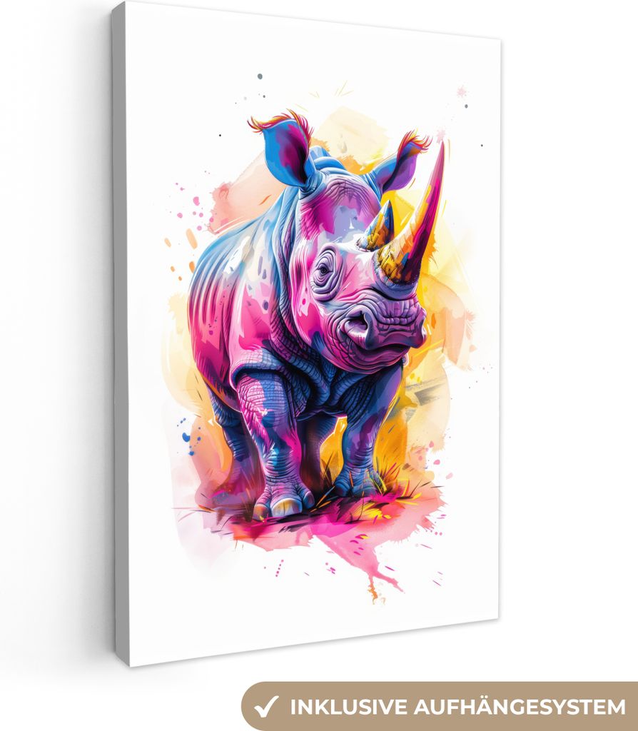 MuchoWow - Leinwandbilder - Nashorn - Bunt - Malen - Tiere, Wandbild, Wanddeko Bilder Wohnzimmer, 60x90 cm