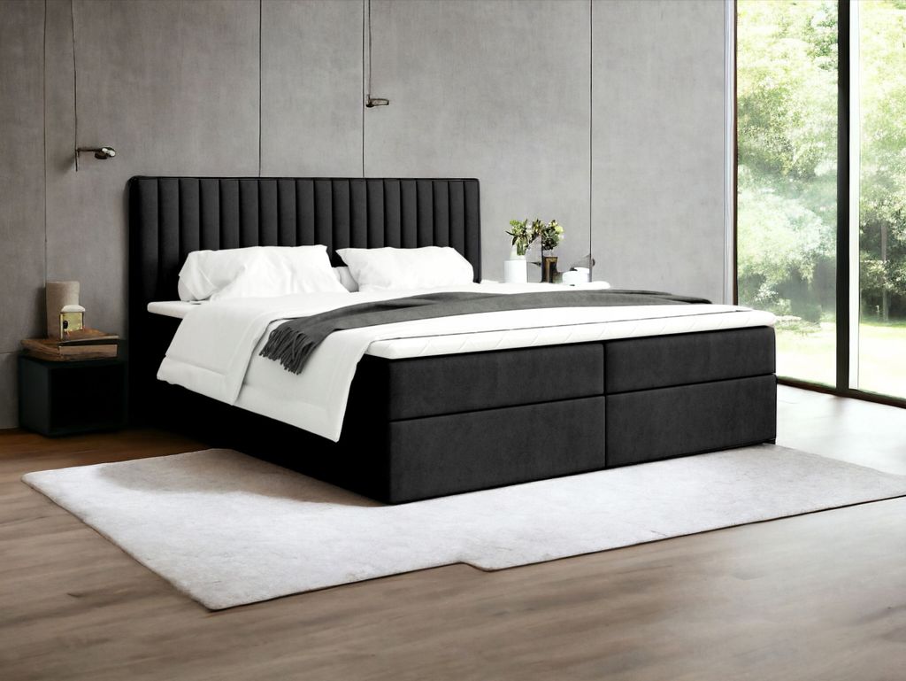 Boxspringbett MONACO 180 cm x 200 cm Schwarz AMOR VELVET 22 Bett mit zwei Bettkästen und H2 Matratze,Komplett-Set mit Matratze und Topper,