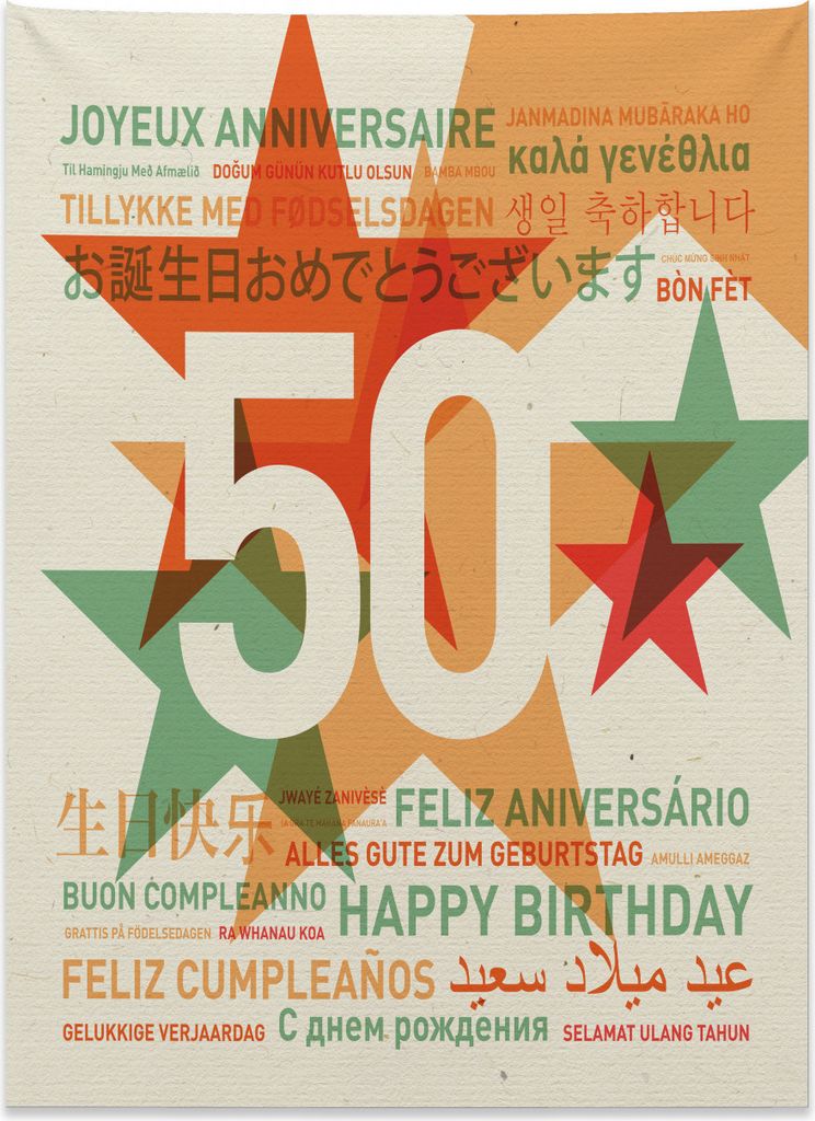 Abakuhaus 50. Geburtstag Wandteppich, Sprachen Feier aus Weiches Mikrofaser Stoff Kein Verblassen Klare Farben Waschbar, 110 x 150 cm, Orange Grün...