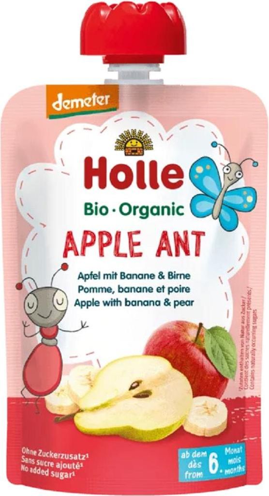 MUS JABŁKOWA MRÓWKA (JABŁKO - BANAN - GRUSZKA) BEZ DODATKU CUKRÓW BEZGLUTENOWA OD 6 MIESIĄCA DEMETER BIO 100 g - HOLLE