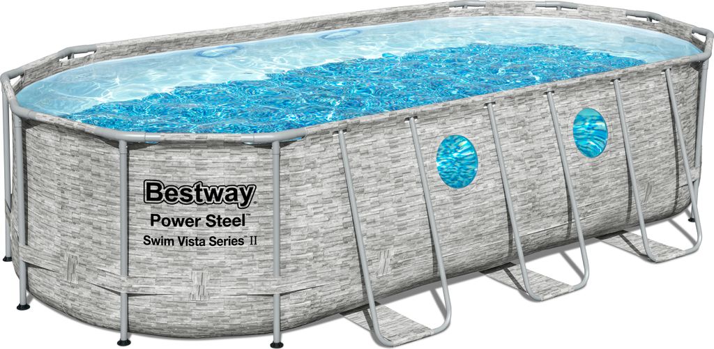 An oval-shaped above-ground swimming pool filled with water, supported by a metal frame.