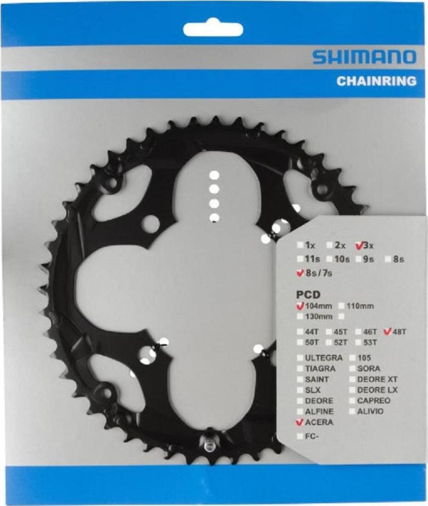 A Shimano chainring is displayed in its retail packaging.