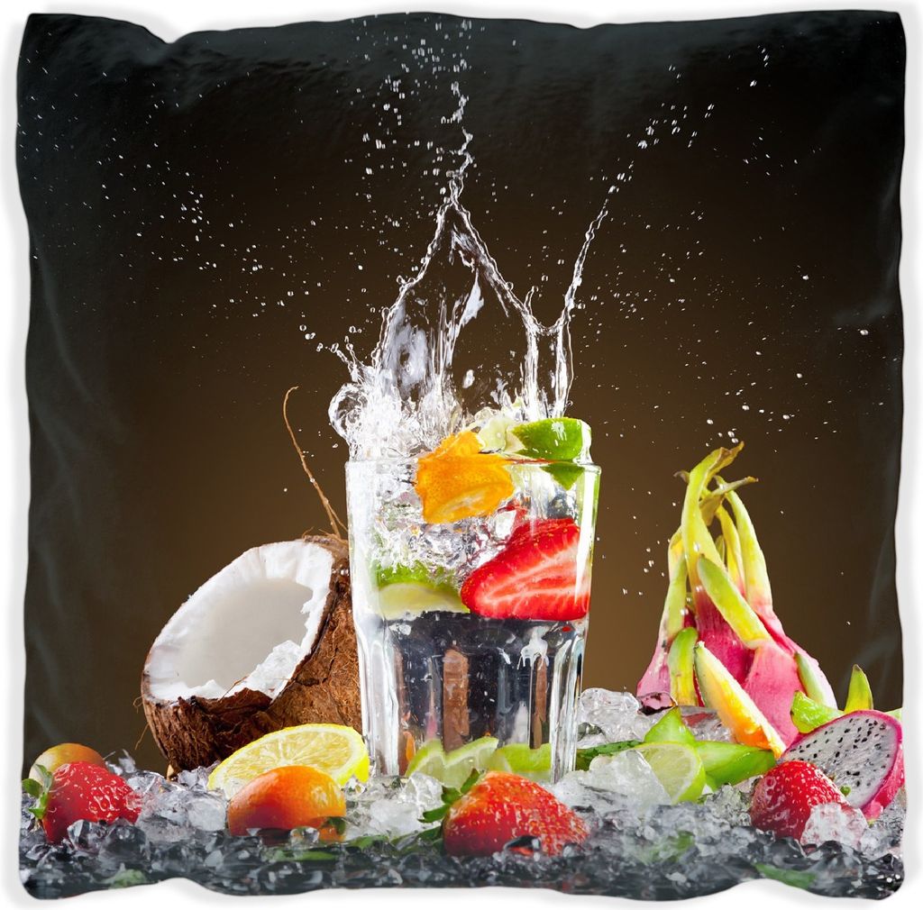 Wallario Premium Kissen, weiche Oberfläche, mit Motiv Tropische Früchte in einem erfrischenden Drink, Größe: 30 x 30 cm, mit weißer Rückseite