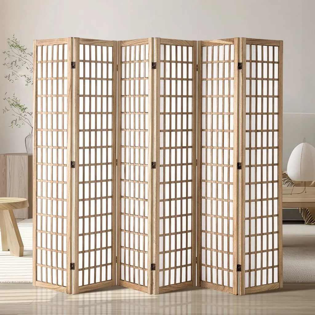 Paravent 6 pièces en bois naturel style japonais pour salon de 180cm