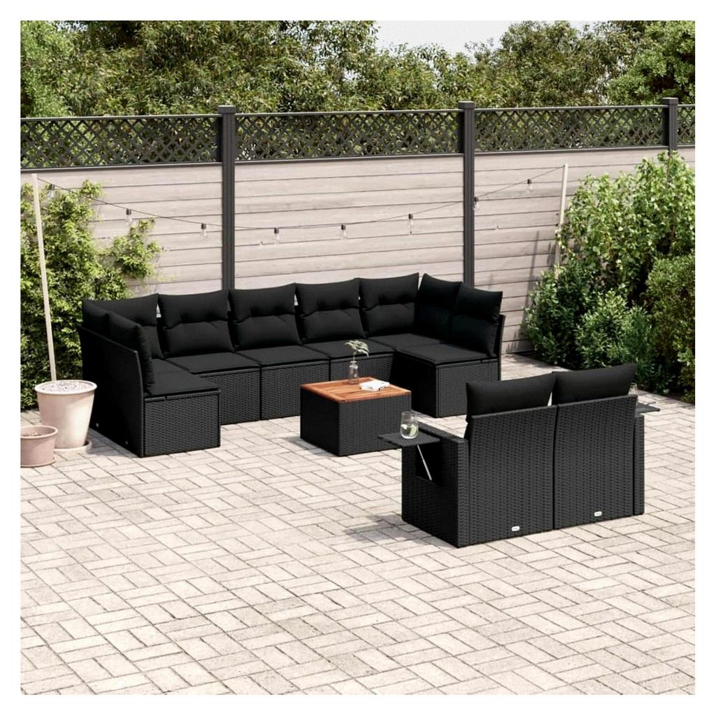 Gartenmöbel-Set mit 10 Kissen aus Polyrattan in Schwarz