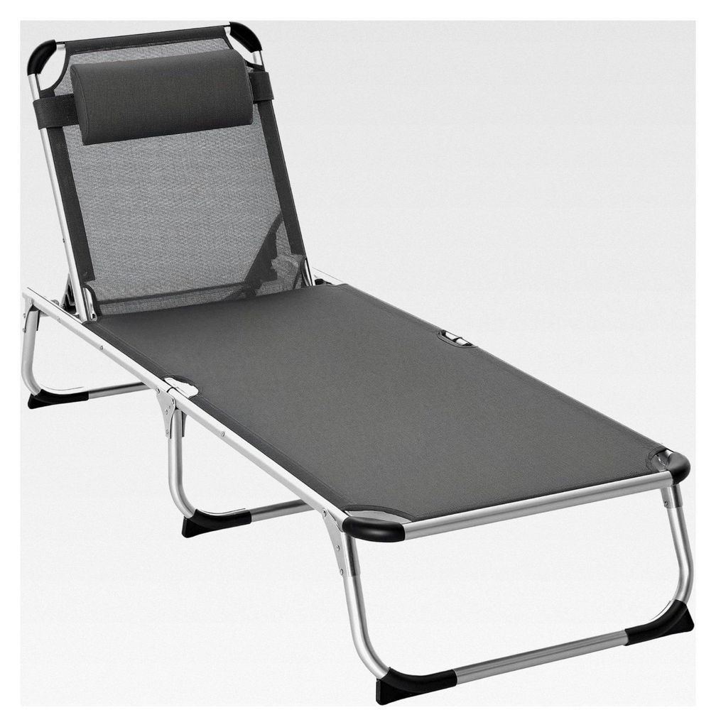 Faltbare Sonnenliege mit Kopfkissen und 4-stufig verstellbarer Rückenlehne, bis 120 kg belastbar, für Outdoor, Garten, Grau