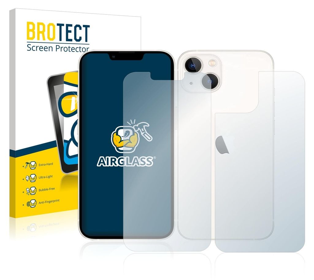 A product shot of screen protectors for an Apple iPhone 13, with packaging.
