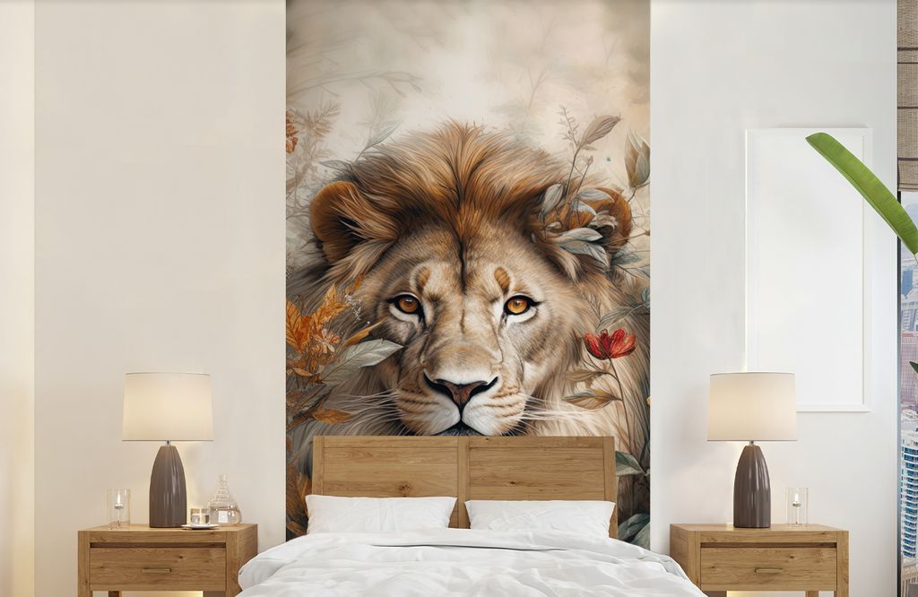 MuchoWow Fototapete für Wohnzimmer oder Schlafzimmer Wandtapete Vinyl Motivtapete Löwe - Wildtiere - Pflanzen - Natur - Blumen - 120x240 cm - H...
