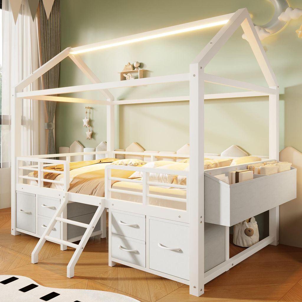 Hochbett 90 x 200 cm mit Hausdach, LED-Beleuchtung, Produktbild 