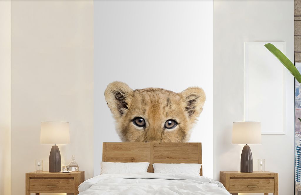 MuchoWow Fototapete für Wohnzimmer oder Schlafzimmer Wandtapete Vinyl Motivtapete Löwe - Tiere - Natur - Weiß - 120x240 cm - Hintergrundbild