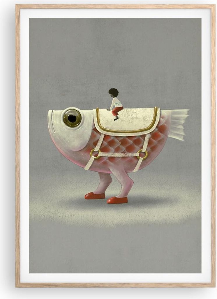 Gerahmtes Poster - Rahmen in heller Eiche - Surreal Fisch Kind - 70x100 cm - Wand Bild - Wanddeko - Wandbilder - Kunstposter - Wandposter - Bilderr...