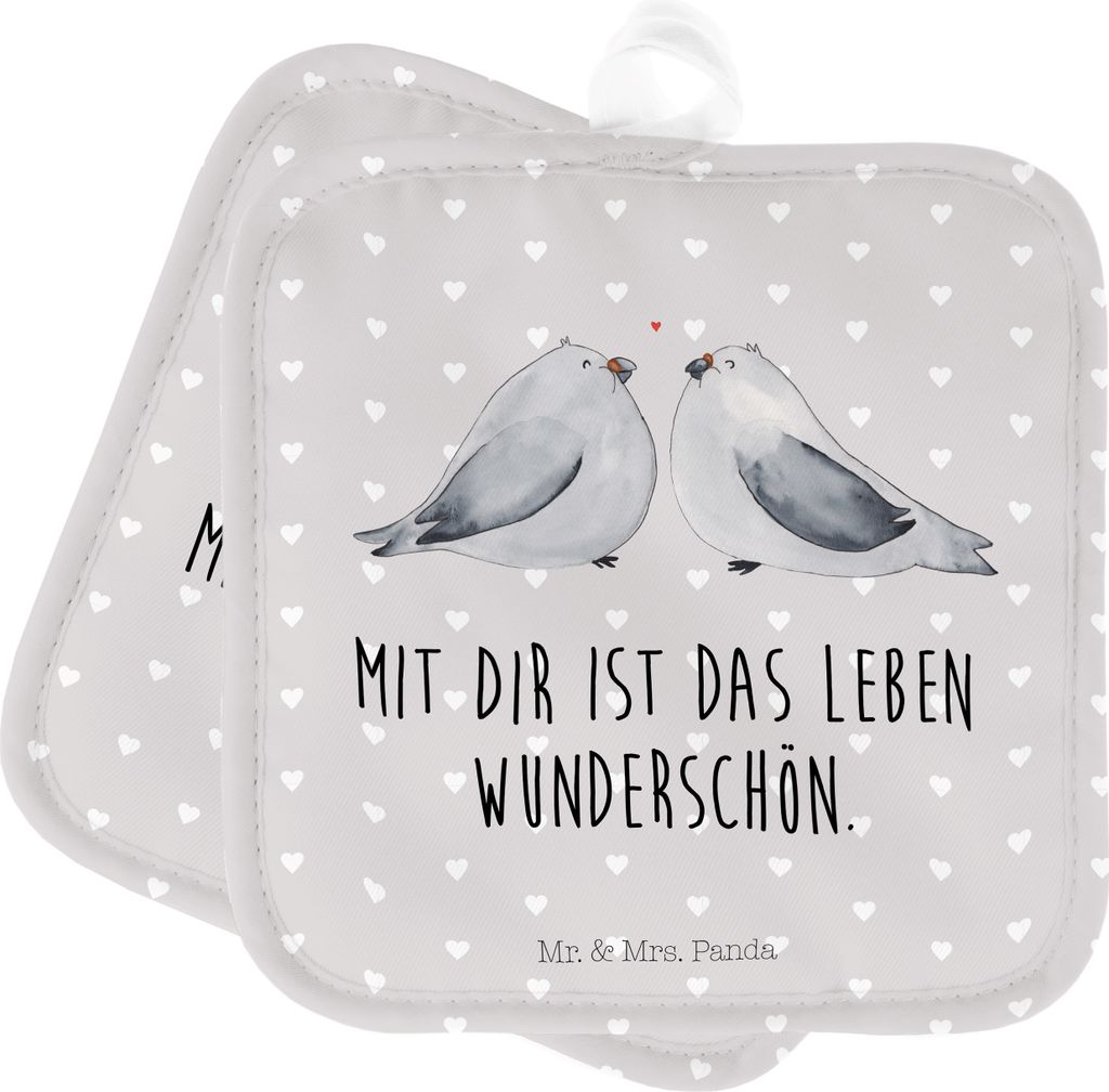 Mr. & Mrs. Panda Topfuntersetzer Turteltauben Liebe - Grau Pastell - Geschenk, Freundin, Kochlappen, Tauben, Topflappen Set, 2er, Hochzeit, topfhal...