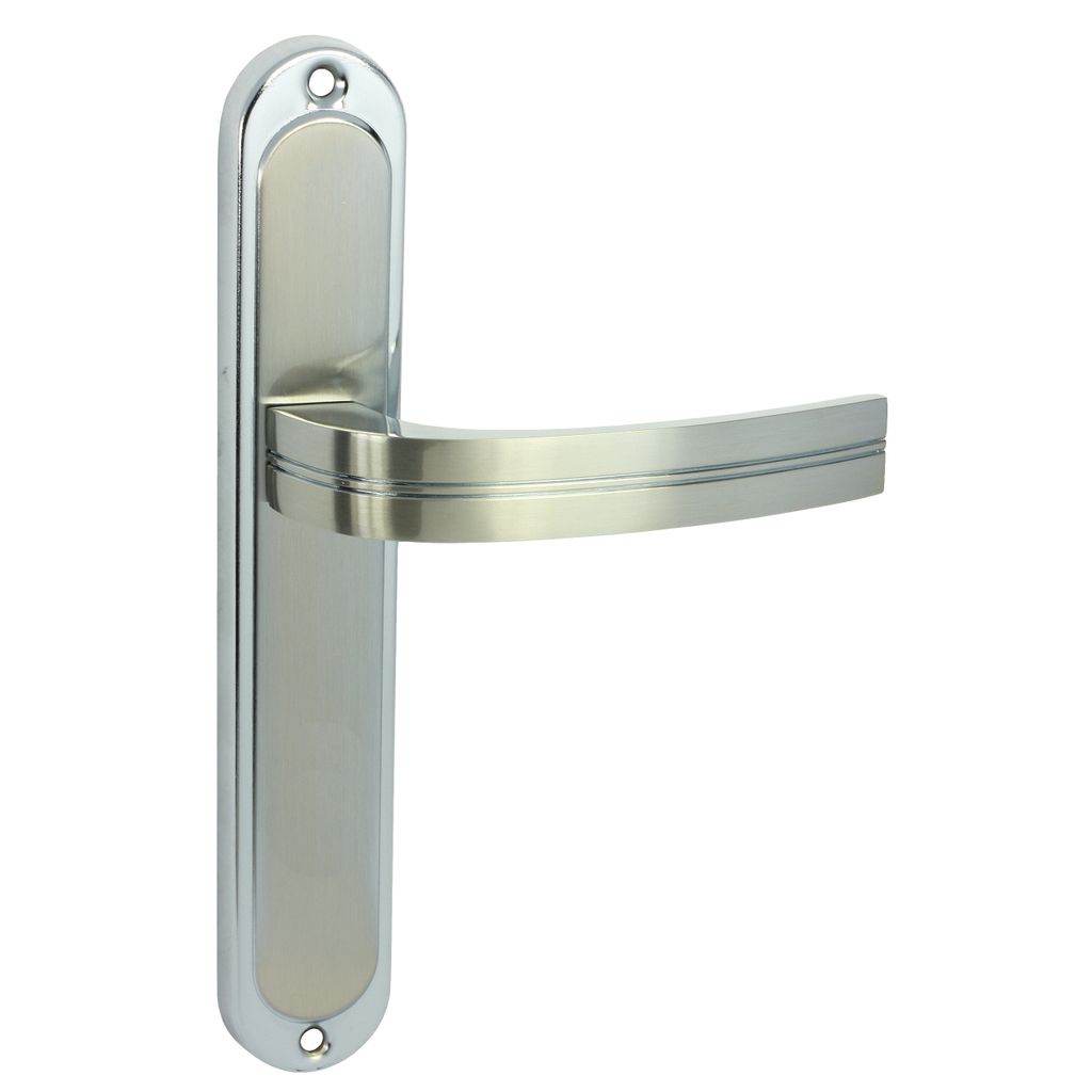 A single door handle with a long plate, shown against a white background.