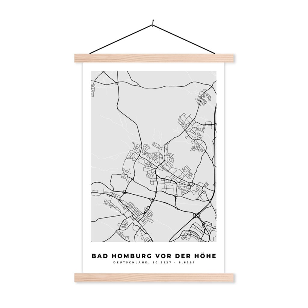 MuchoWow Textilposter Bad Homburg Vor Der Höhe - Stadtplan - Deutschland - Karte 40x60 cm mit holzfarbenen Rahmen - Poster