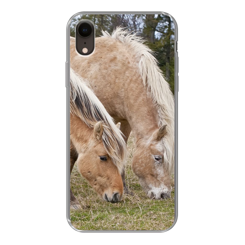 MuchoWow Handyhülle Schutzhülle Hülle für iPhone XR Zwei grasende Fjordpferde auf einer Wiese Silikon Softcase Handy Hülle - Schutzdeckel