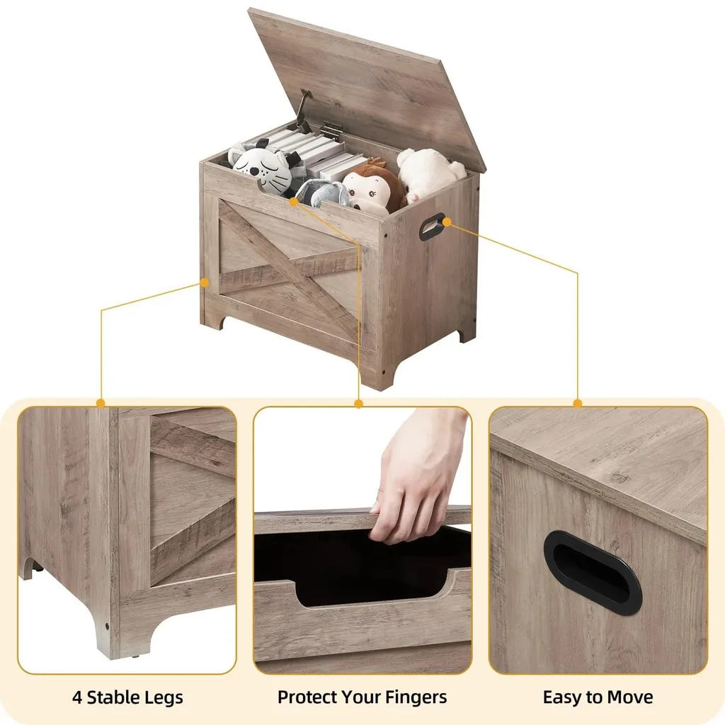 Coffre à jouets en bois gris aspect vieilli, banc coffre multifonction - 5