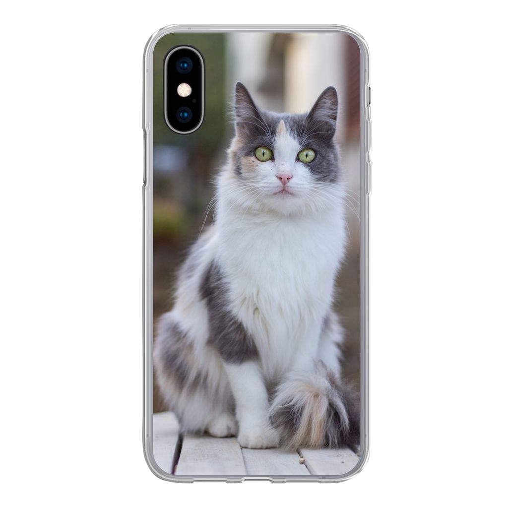 MuchoWow Handyhülle Schutzhülle Hülle für iPhone X Katze - Porträt - Tisch - Mädchen - Kinder - Jungen Silikon Softcase Handy Hülle - Hand...