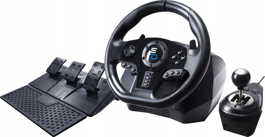 A gaming steering wheel, pedals, and gear shifter set against a white background.