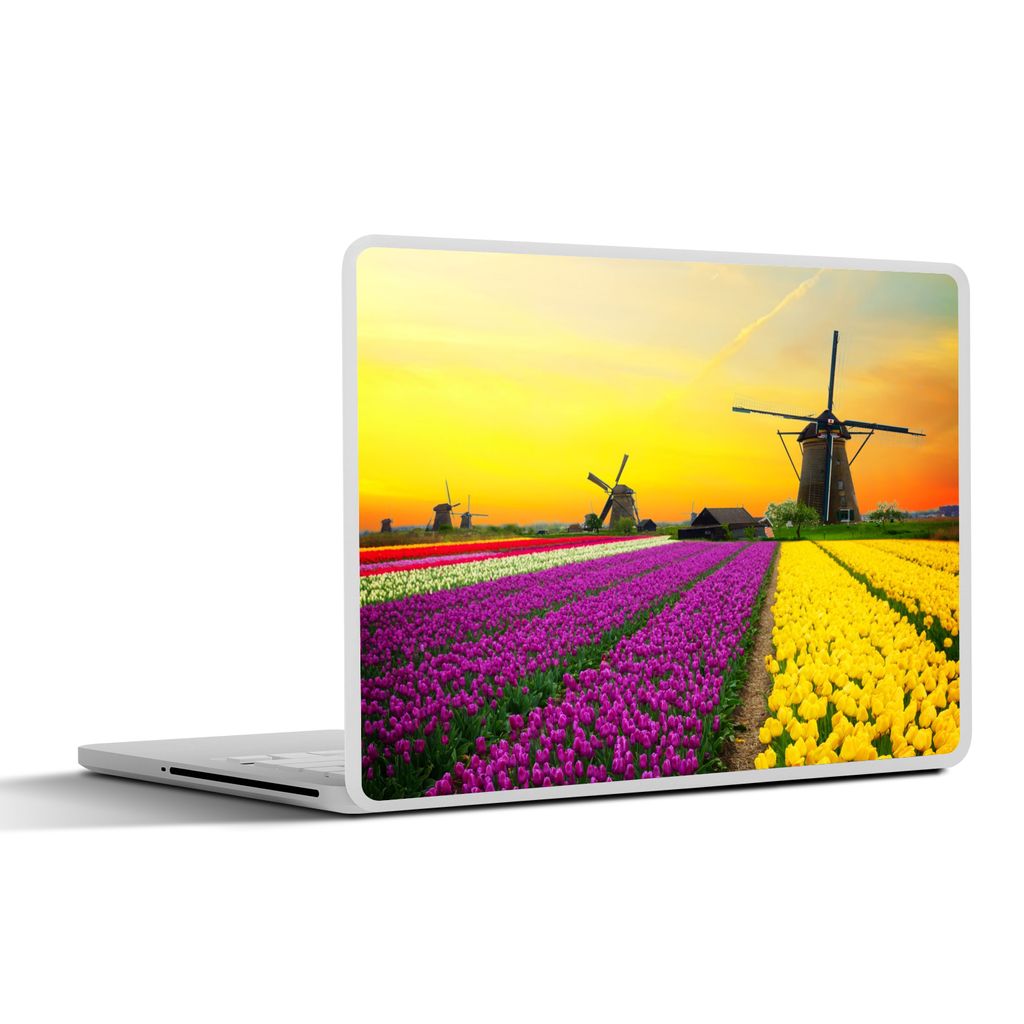 MuchoWow Laptop Aufkleber Sticker Cover Windmühle - Tulpen - Blumen - Frühling 30x22 cm - Laptop-Sticker