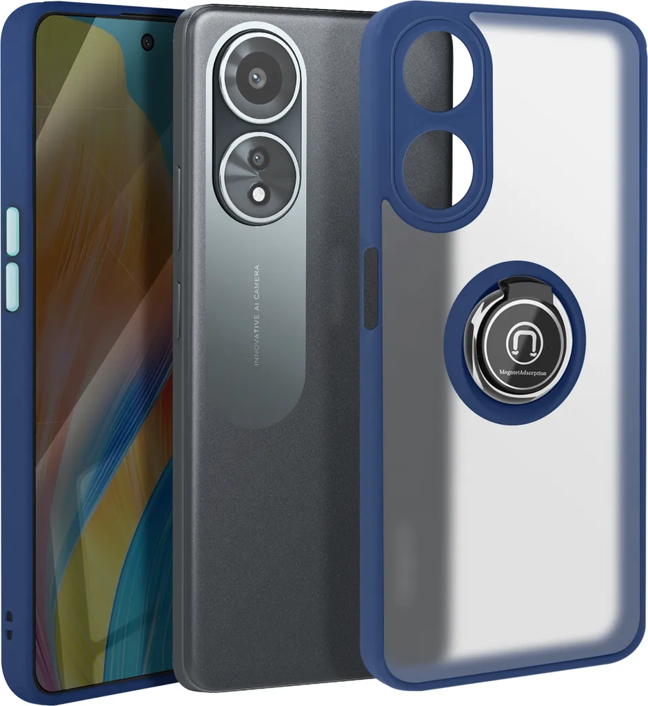 Avizar, custodia per cellulare per Oppo A58 anello in metallo, supporto video, blu scuro