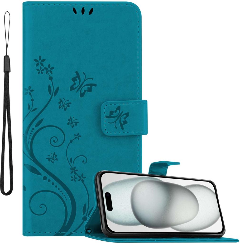 Cadorabo Hülle für Apple iPhone 15 PLUS in FLORAL BLAU Schutzhülle im Blumen Design mit Magnetverschluss, Standfunktion und Kartenfächern Flip ...