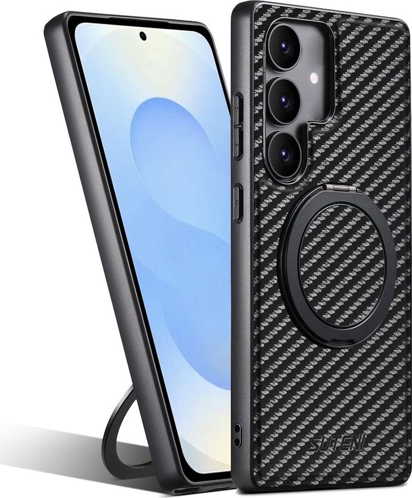 Für Samsung Galaxy S25 Plus Suteni MagSafe Carbon Kunstleder Ring Hülle Schwarz
