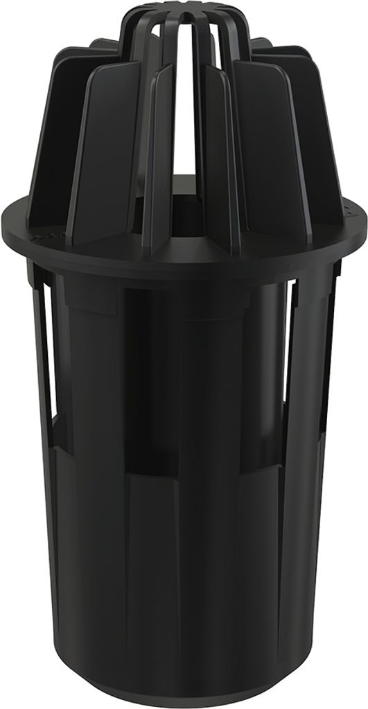 A black plastic drain trap insert with a ribbed, cage-like top.