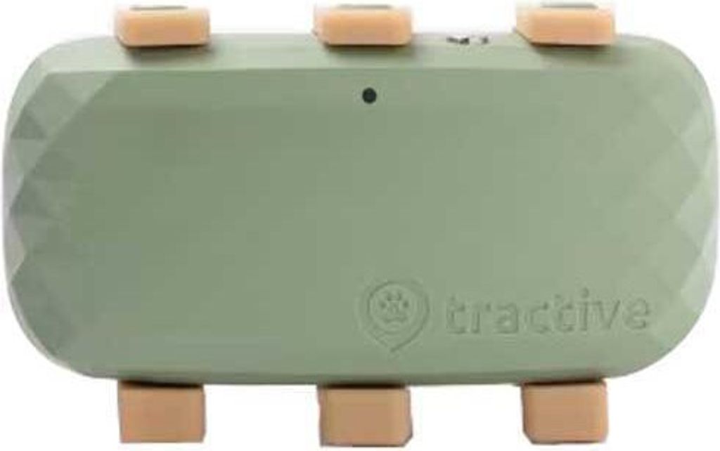 A green Tractive GPS Dog XL tracker is shown from a front-facing, slightly elevated angle against a white background.